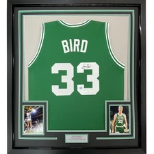 Framed Autographed/Signed Larry Bird 33x42 Boston Green Jersey PSA/DNA COA