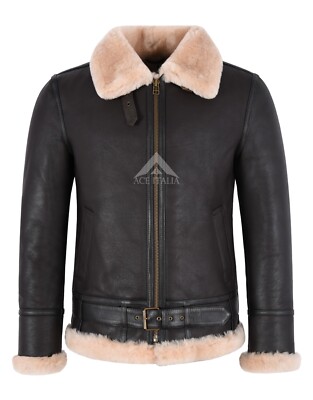 Mens B3 Sheepskin Jacket Brown Real Shearling Fur RAF Winter Belted Jacket NV-47