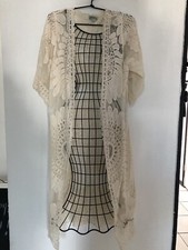 Sheer Lace Mesh Long Open Duster Women's Cream Embroidered Rebellion SZ Small