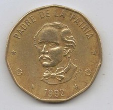 DOMINICAN REPUBLIC - 1 Peso 1992 - Brass &bull; 6.5 g &bull;  25 mm