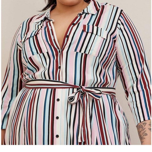 NEW TORRID Midi Shirt Dress Plus Size 2X Stretch Challis Button Front Stripes