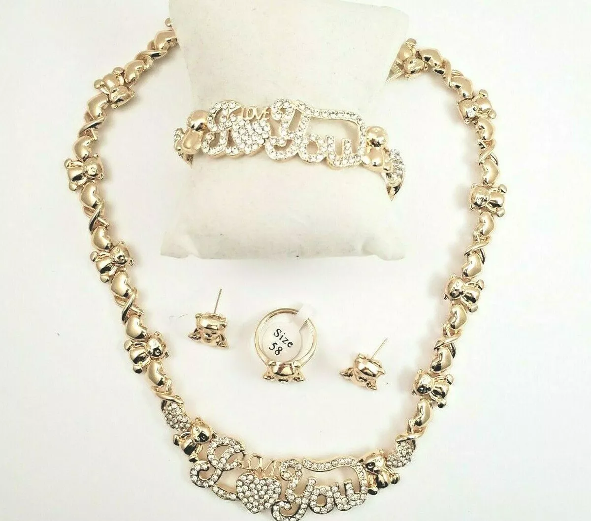 14k Gold Hugs and Kisses X Heart I Love You Teddy Bear Necklace Bracelet Set 1