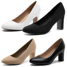 Womens Dress Pumps 2.95" Chunky Block Heels Pull On Classic Office Work Pumps