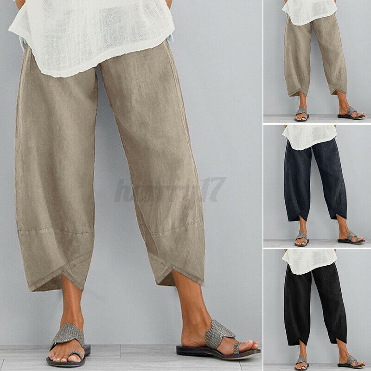 Women's Elastic Waist Loose Baggy Pants Crop Plain Summer Harem Casual Trousers