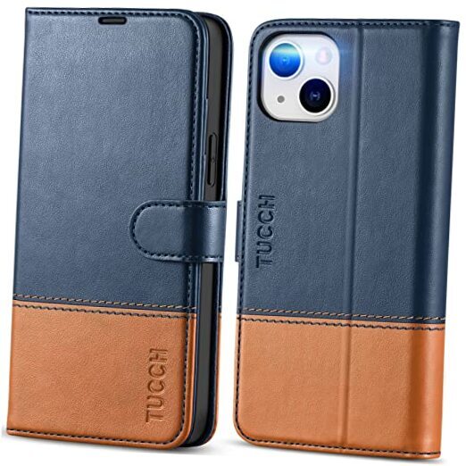 Wallet Case for iPhone 14 Plus, [RFID Blocking] [4 Card Dark Blue & Brown