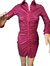 PRETTYLITTLETHING Hot Pink Metalic Long Sleeve Ruched Shirt Dress. Size 4