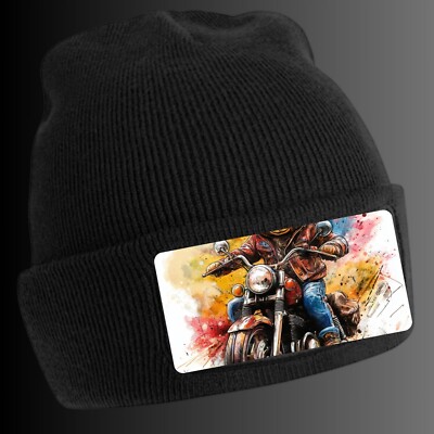 Black Beanie Hat with Cool Teddy Bear Motif - Unisex Cap, Cotton