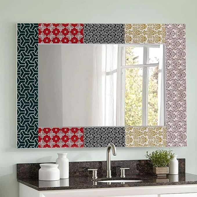 Hand-Painted Boho Wall Mirror Solid Wood Framed Vanity Mirror 24"X32" - Image 3 of 4