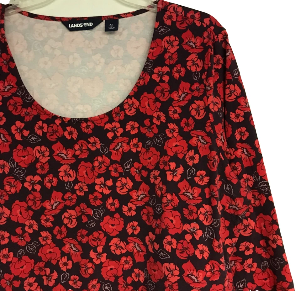 Vestido Lands' End XL 18 vermelho preto floral manga longa casual malha gola redonda fluida - Imagem 4 de 4