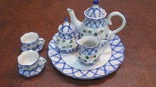 Miniature Porcelain Tea Set Hand Painted Hand Heart Inc Blue White Crosshatch