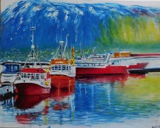 Original  Nautical Painting Signed by Nalan Laluk, "Tromso Harbor, Norway"
