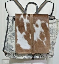 Myra Upcycled Canvas Cowhide Zip Top Flapover Design Stalk Backpack New W/Tags