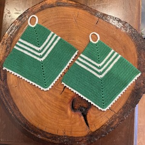 Two Vintage Hand Crocheted Potholders, Hot Pads, Fan Shape, Green & White