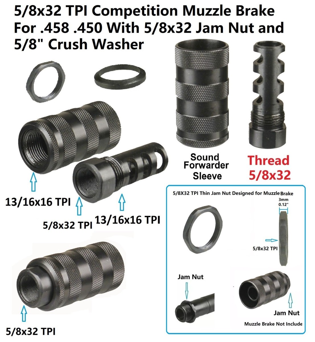 Steel 5/8x32 TPI Muzzle Brake With 13/16x16 TPI Sound Forwarder
