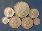 LOT 7 US SILVER COINS 1921 S MORGAN SILVER DOLLAR 1951 & 1954 HALF $ 2 QUARTERS