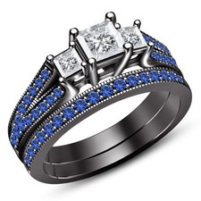 2 CT Princess Lab Created Diamond Bridal Wedding Ring Set 14K Black Gold Over