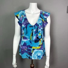 Trina Turk top medium floral ruffle silk colorful blue office beachy