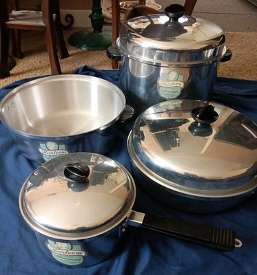 1940s  Enterprise  Pot & Pan Set Heirloom Cookware Aluminum  USA With Lables ONS