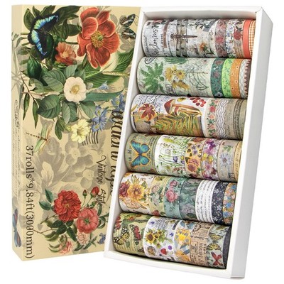 37 Rolls Vintage Washi Tape Set - Decorative Floral 37rolls, Gold 