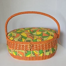 Vintage Wicker Woven Sewing Basket Box Retro Orange Satin Quilted 