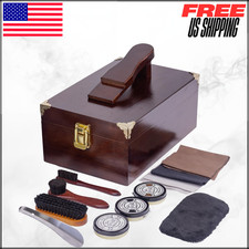 Deluxe Wooden Shoe Shine Box Set  Care Polish Kit W/ Foot Rest Tools 10PC