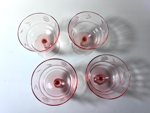 4 Pink Depression Floral Etched Champagne Sherbet Glasses Set Vintage - Picture 6 of 9