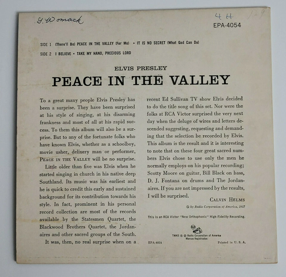ELVIS PRESLEY - PEACE IN THE VALLEY EP (W/PS) - GOSPEL 45 Foto 2 de 4