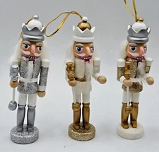 Nutcracker Glitter Wood Ornament Set 3 Silver Gold White 5" Christmas TransPac
