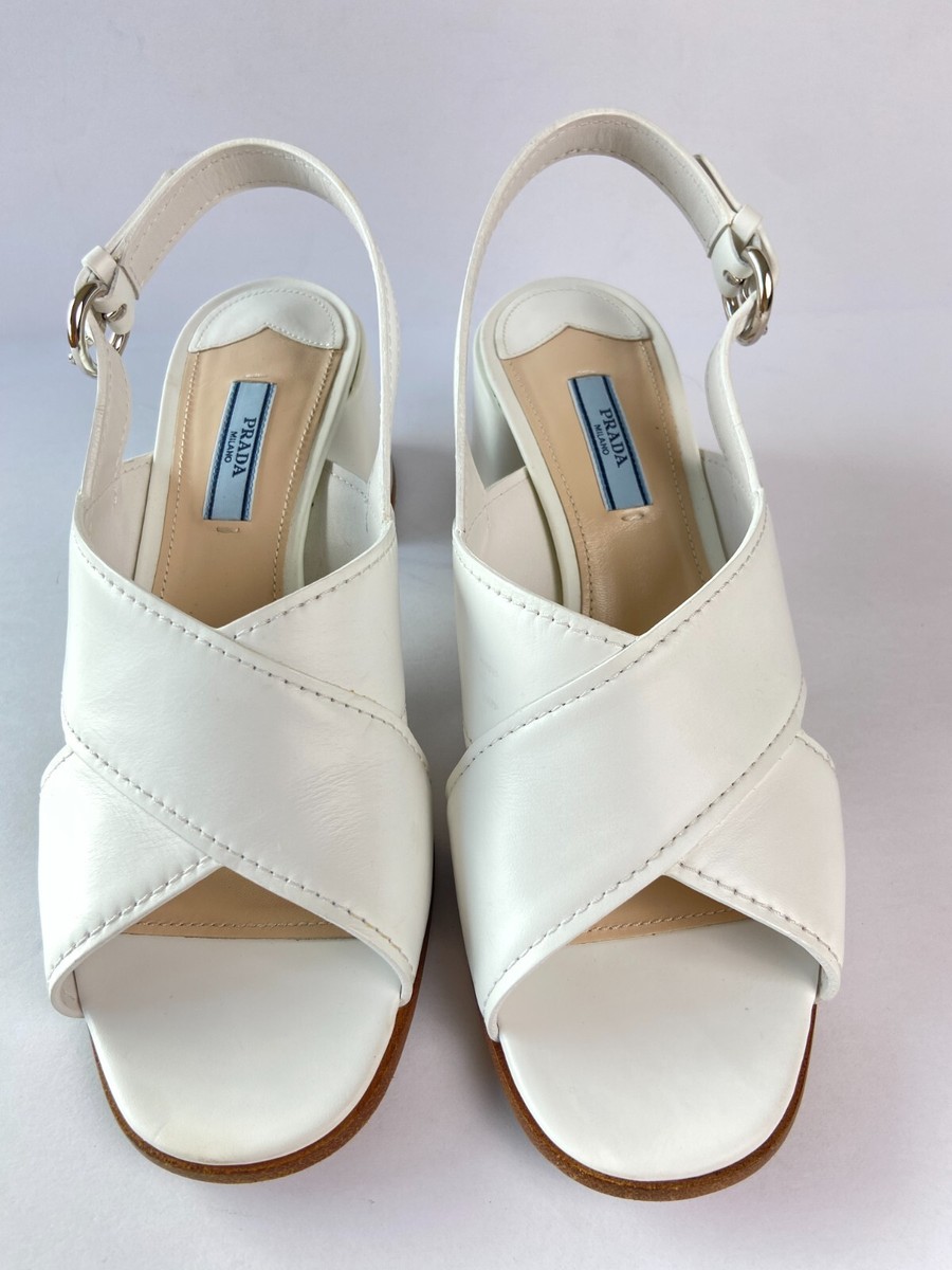 PRADA White Leather Crisscross Block Heel Slingback Sandals