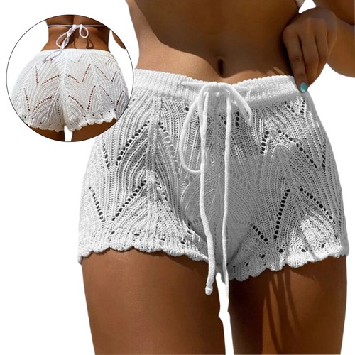 Pantaloncini corti in maglia vita aperta con coulisse cavi moda sexy donna - Foto 2 di 10