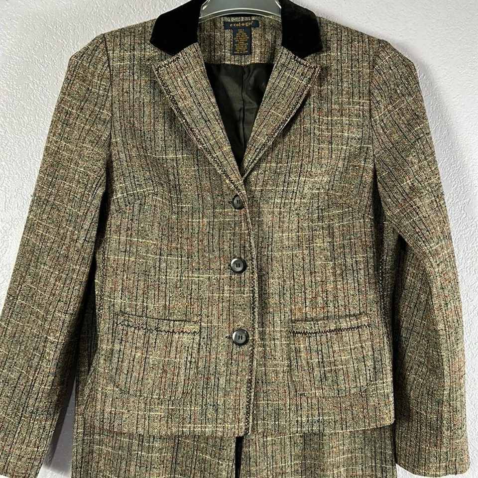 Traje pantalón vintage E-COL-O-GIE mezcla lana tweed con ribete de terciopelo, talla 6 Foto 2 de 4