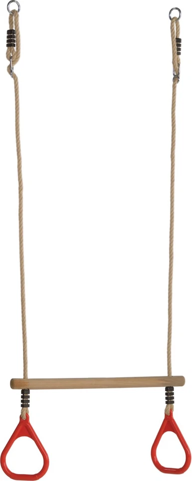 WOODEN TRAPEZE BAR WITH RED GYM RINGS +ROPES FOR GARDEN SWINGS-BNIB- FREEPOST