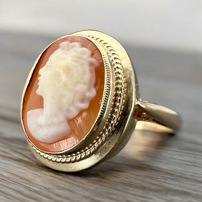 Vintage 1970 ovaler Kamee Ring - 9 kt Gelbgold - klein UK Größe L
