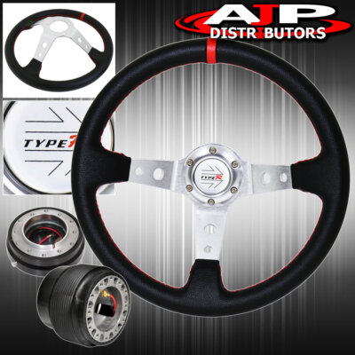 For 89-05 Eclipse Quick Release + Deep Dish Black Steering Wheel Red Stitching