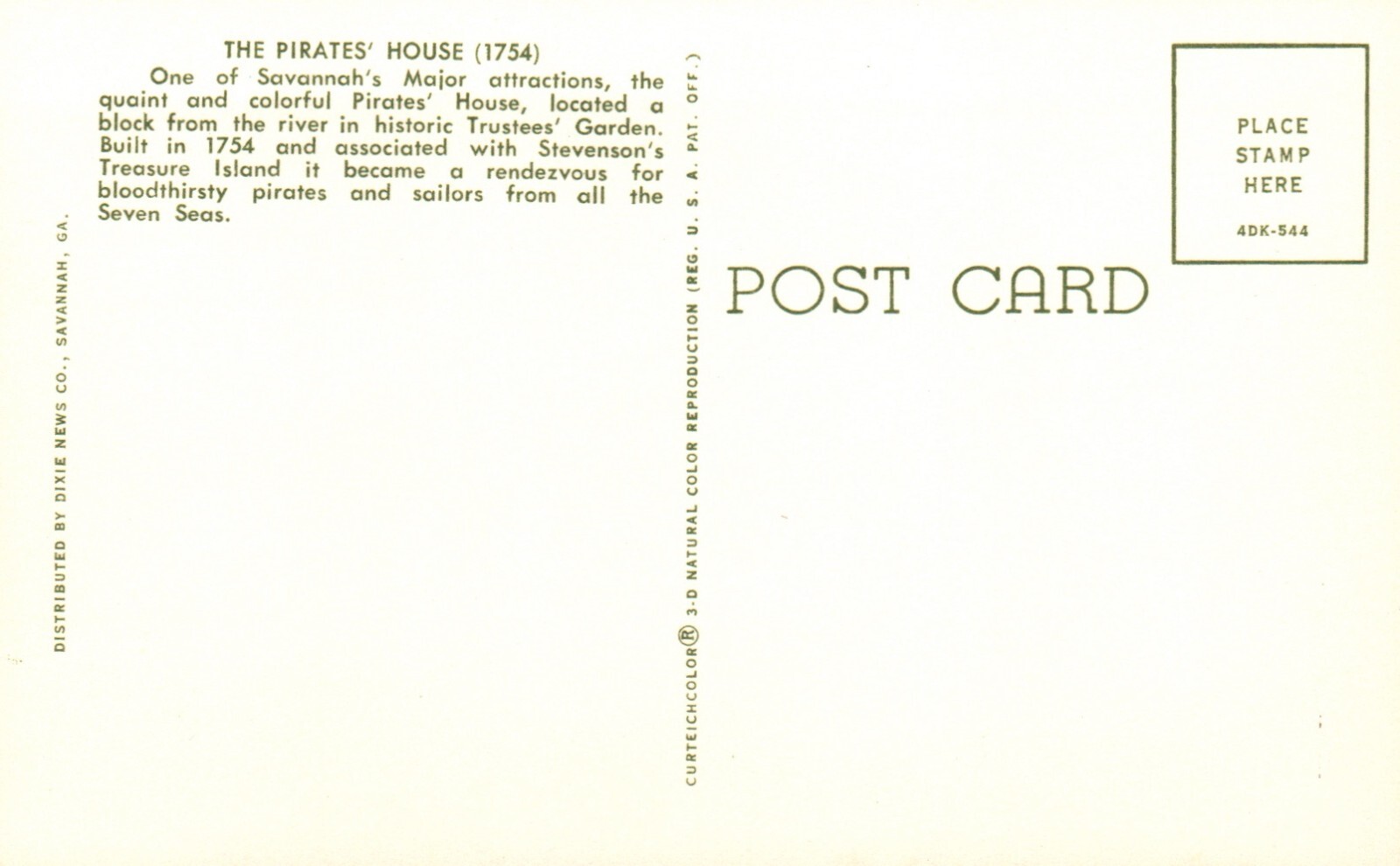 Postcard GA Savannah Pirates House 1964 Chrome Unposted Vintage