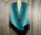 New Shawl Teal Blue Ombre Hand Knit Knitted Wrap Scarf Handmade Boho Hippie