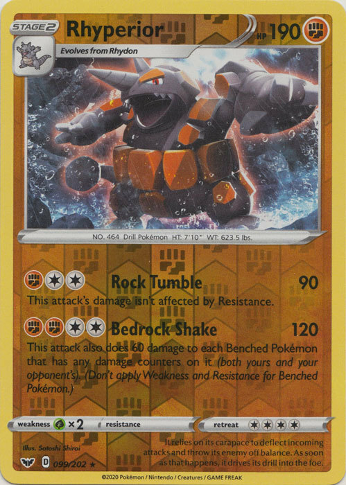x1 Rhyperior - 099/202 - Reverse Holo Rare Pokemon SS01 Sword & Shield Base M/NM