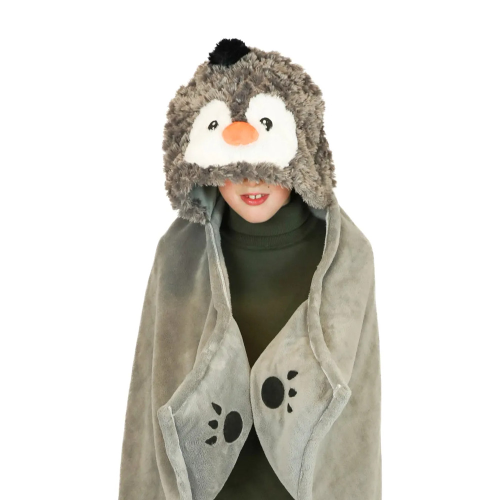 Cozy Noxxiez Grey Hooded Animal Snuggle Blanket 130 X 100Cm - Penguin - Image 2