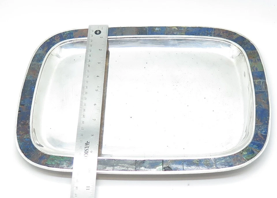LOS CASTILLO Silver-Tone Vintage Mexico Real Azurite Modernist Tray - Image 4 of 4