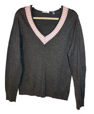 IZOD Womens Gray V-neck Sweater Printed Neck Long Sleeve Cotton Angora Large