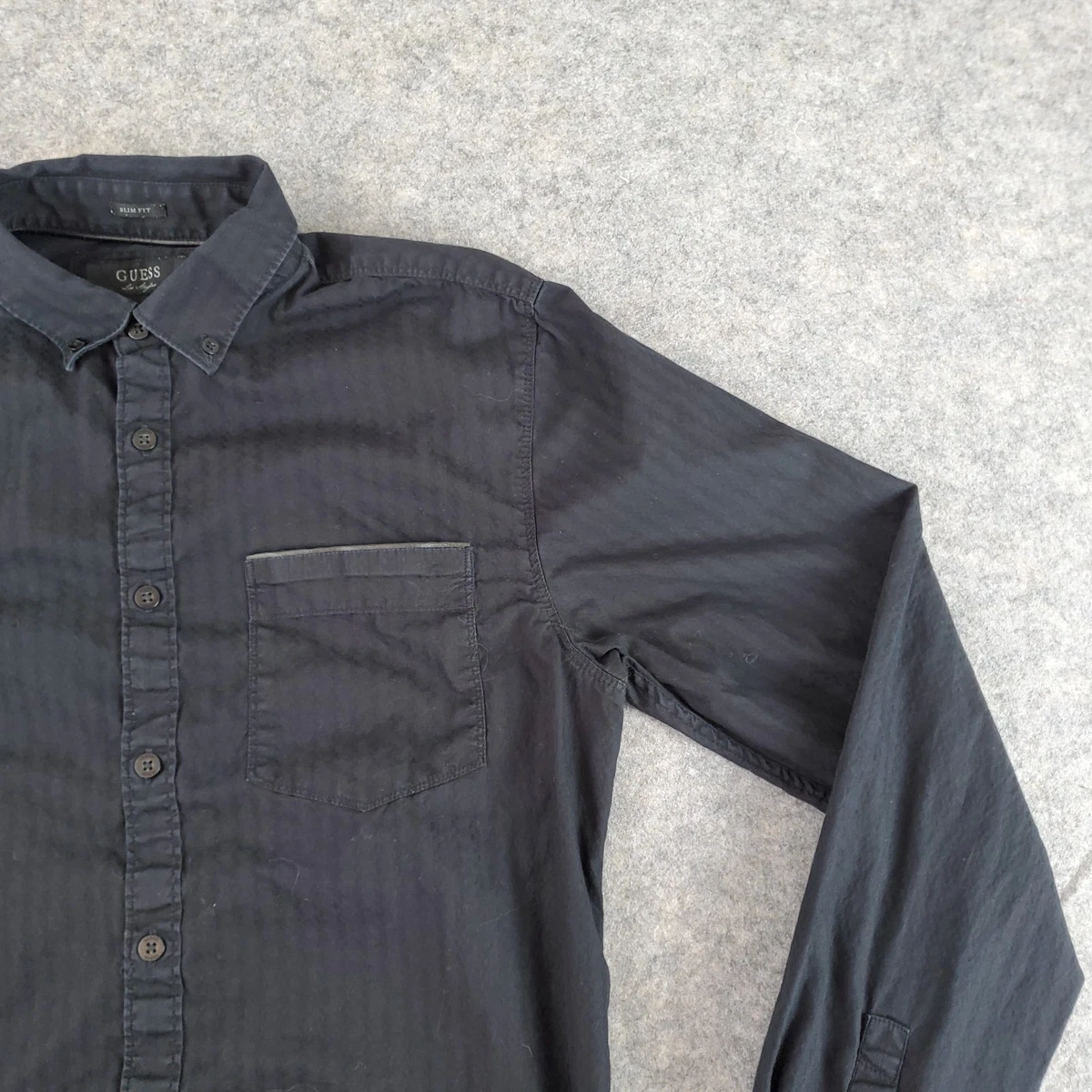 Camisa Guess Abotonada Hombres Pequeña Negra Cuello Abotonado Manga Larga Bolsillo Delgada
