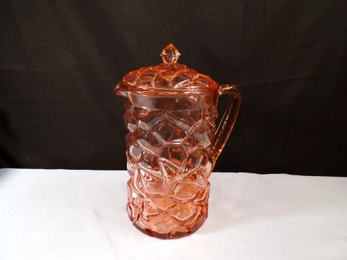 Vintage Dunbar Pink Depression Glass Covered Water Pitcher w/ Crackle Design