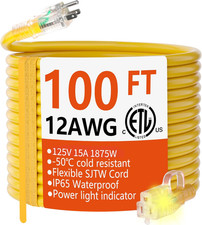 12/3 Gauge Heavy Duty Outdoor Extension Cord 100 Ft Waterproof with Lighted End,