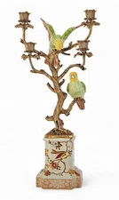 Chinoiserie Candelabra. Hand Painted Porcelain Birds. Bronze Branches-23"H