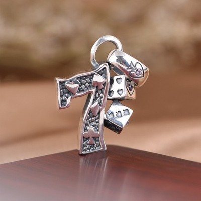 Lucky 7 Dice Pendant, S925 Silver Poker Charm, Gambler Gift for Men, Good Luck