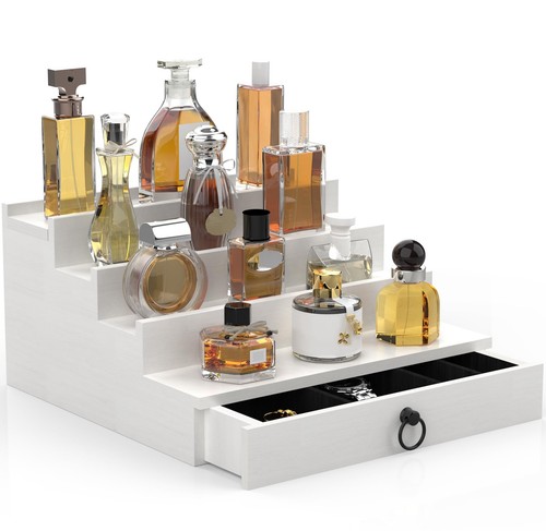 Cologne Organizer for Men, 4 Tier White Wood Perfume Organizer with Felt Lini...