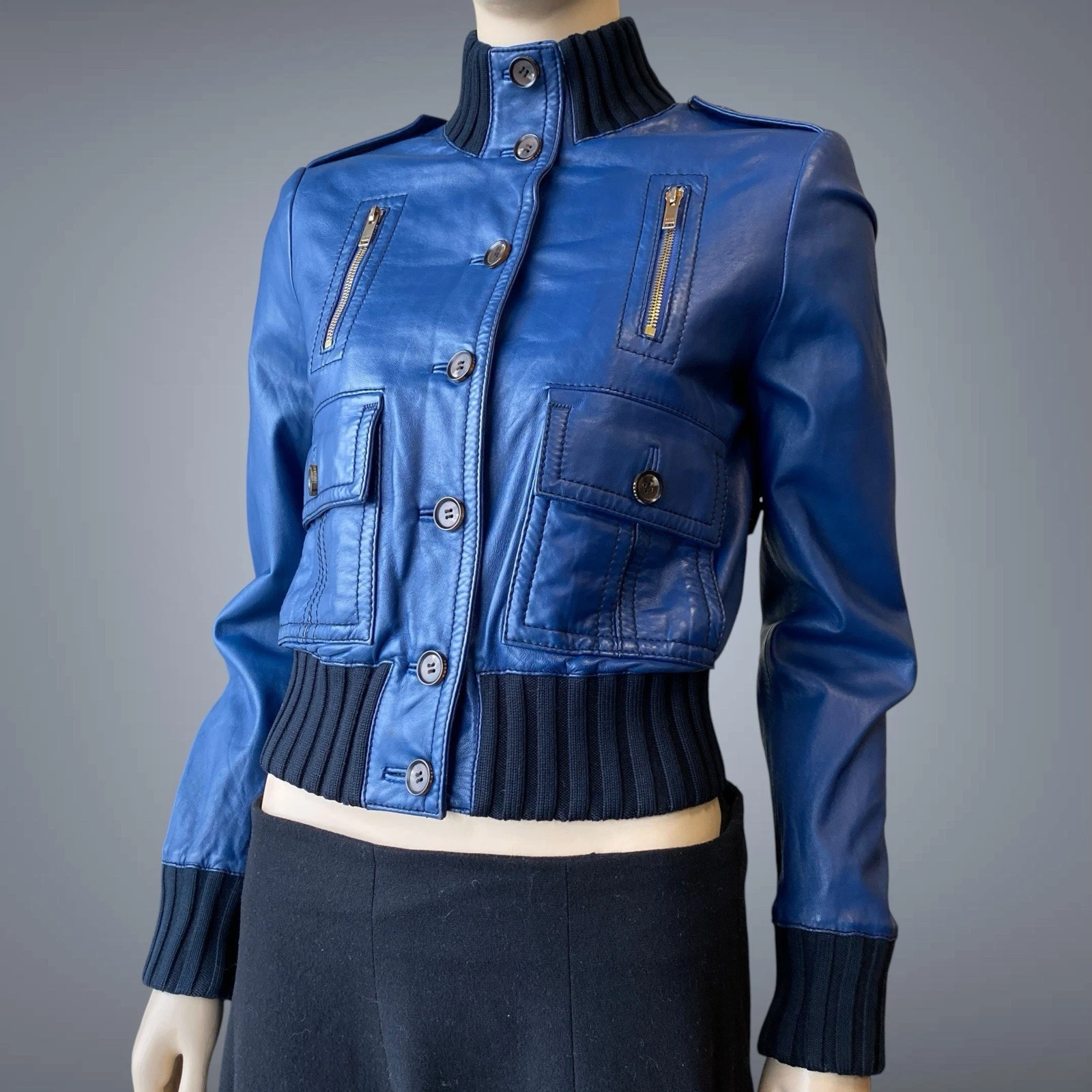 Blouson cuir bleu bomber GUCCI Madonna vintage années 2000 Y2K taille 42IT S