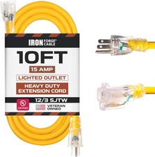 10 Foot Lighted Outdoor Extension Cord - 12/3 SJTW Heavy Duty Yellow
