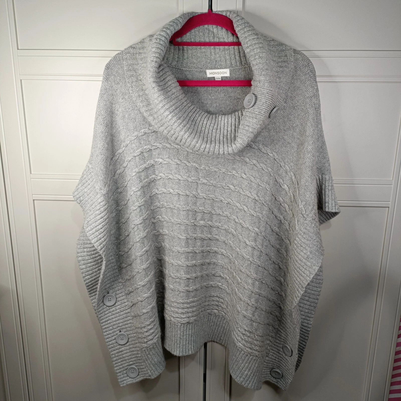 Monsoon Ladies Light Grey Chunky Poncho Size S/M Jumper Sweater Oversized