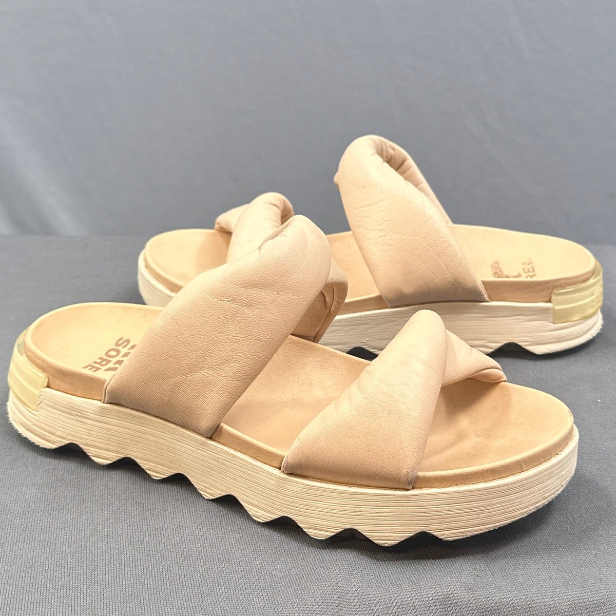 Sorel Kinetic Impact Puffy Slide Sandal Women Beige Leather